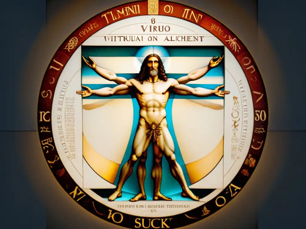 Un detallado y sepia 'Hombre de Vitruvio' rodeado de símbolos alquímicos, representando la transformación a través del arte