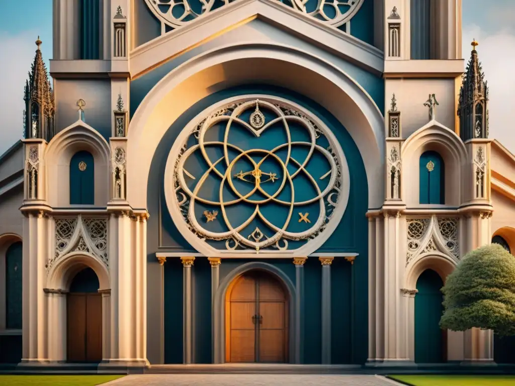 Detalle alquímico en fachada de catedral: ouroboros, piedra filosofal y caduceo