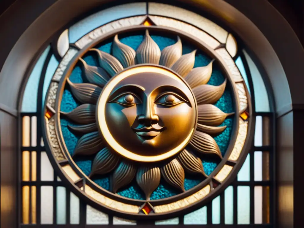 Detalle alquímico de sol y luna en templo ancestral, con luz celestial