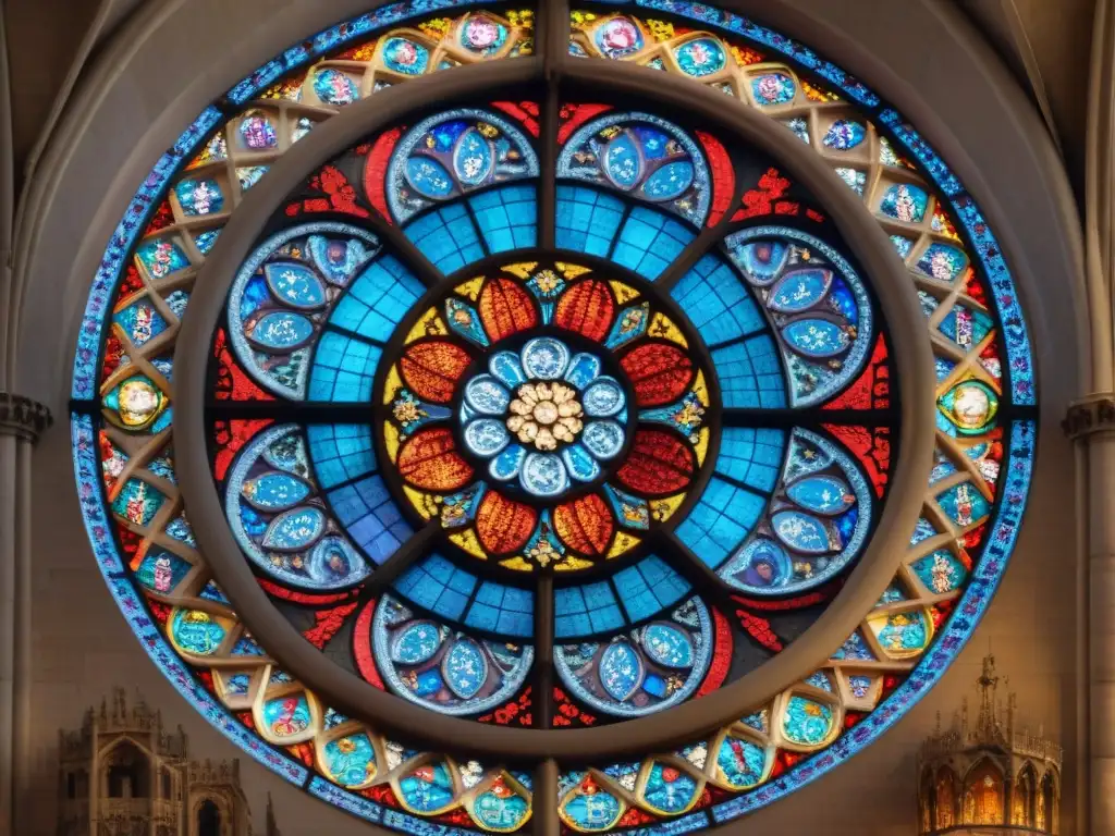 Detalle alquímico en templos: la rosa de vidriera de La Catedral de Chartres, con luz y sombra en tonos cálidos