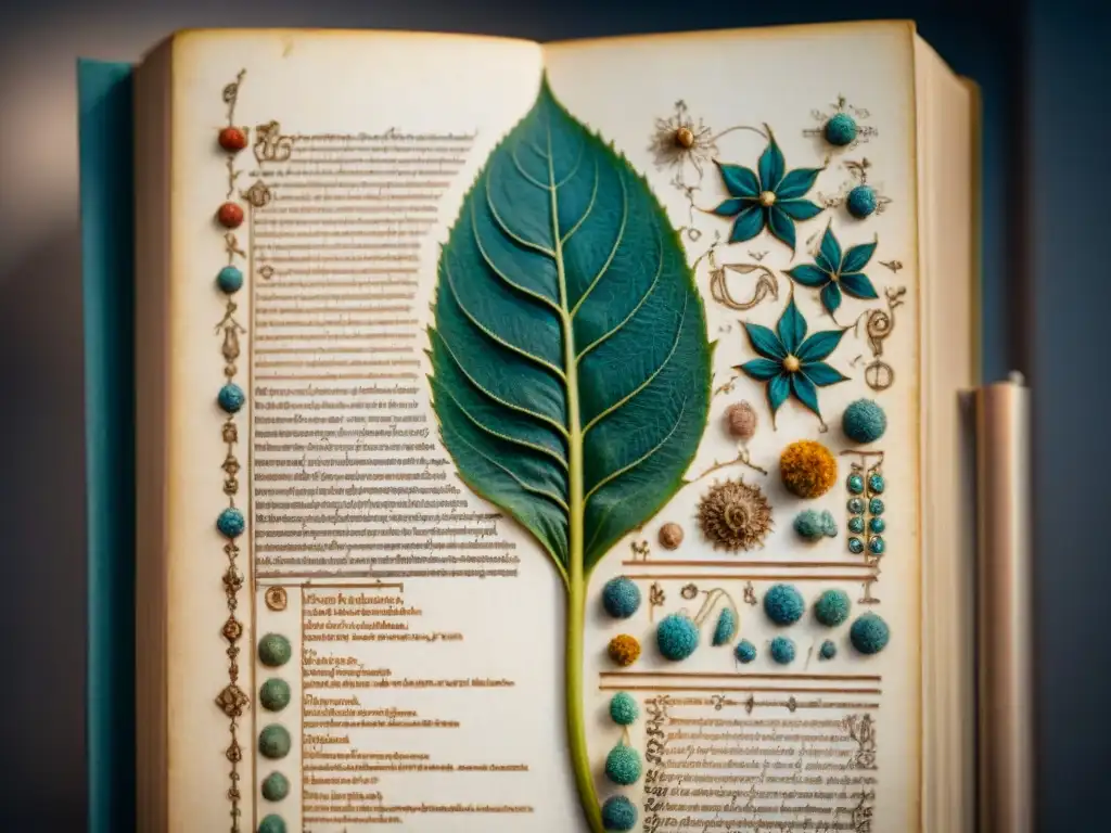 Detalle desgastado de página del Codex Voynich con dibujos botánicos, símbolos misteriosos y patrones geométricos