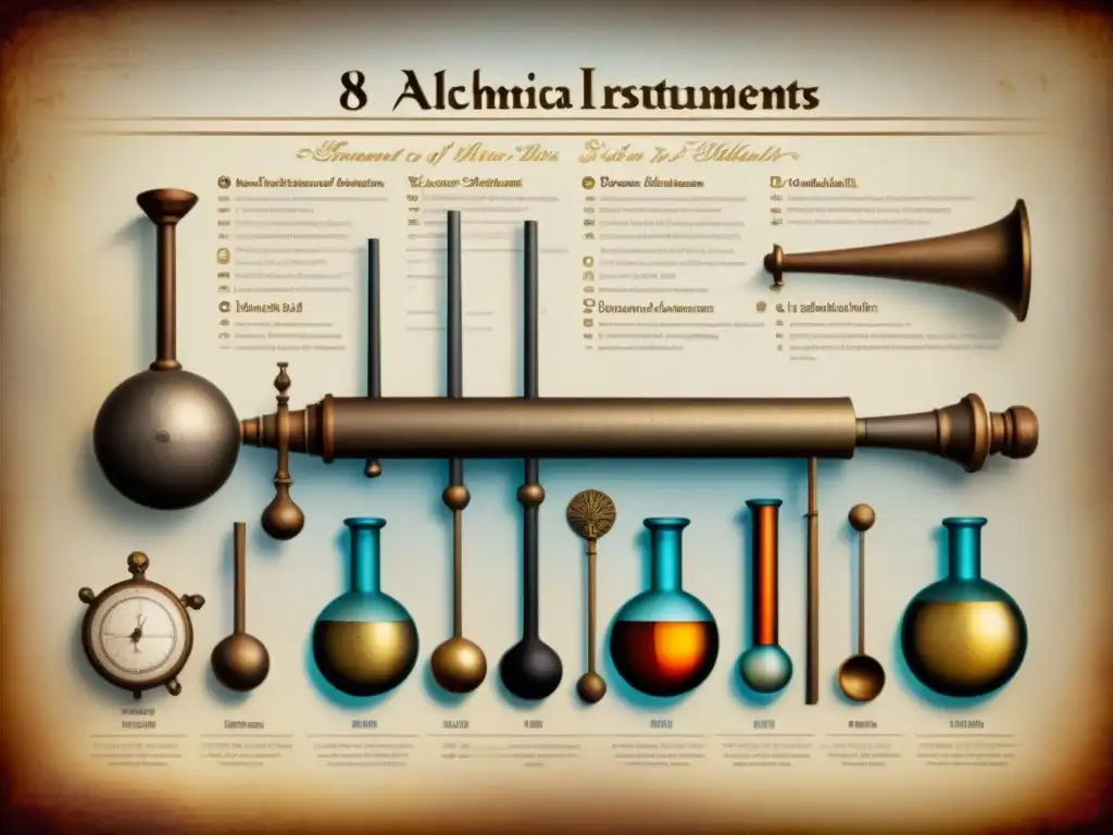 Detalle evolutivo de instrumentos alquímicos desde la antigüedad hasta la actualidad en ilustración sepia