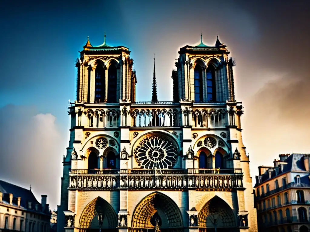 Detalle sepia de la fachada de la Catedral de Notre Dame en París