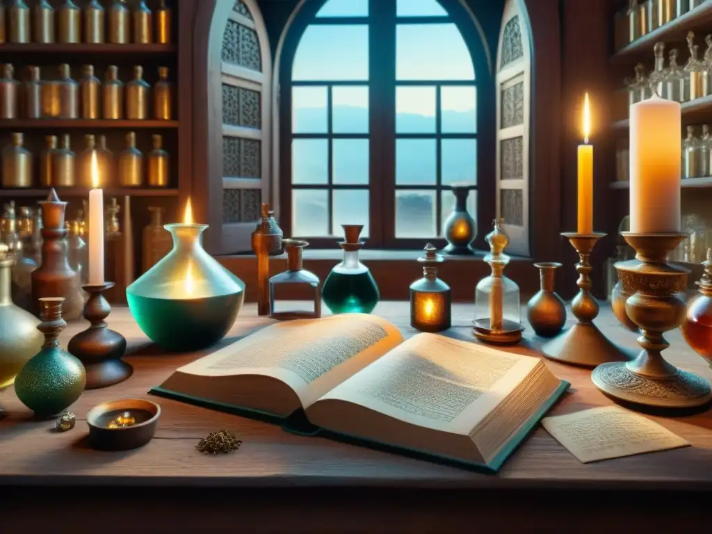 Detalle sepia de laboratorio alquímico con mesa de madera, cristalería y manuscrito