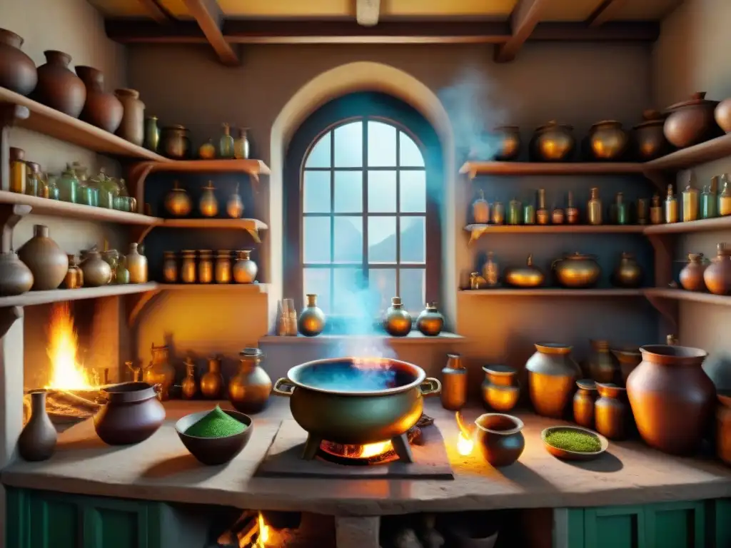 Detalle sepia: cocina alquímica medieval llena de actividad con alquimistas creando pócimas