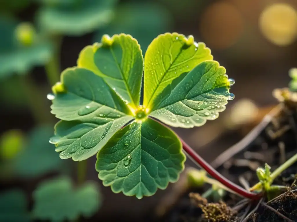 Detalle de planta alquímica verde con gotas de agua, luz filtrada en el bosque