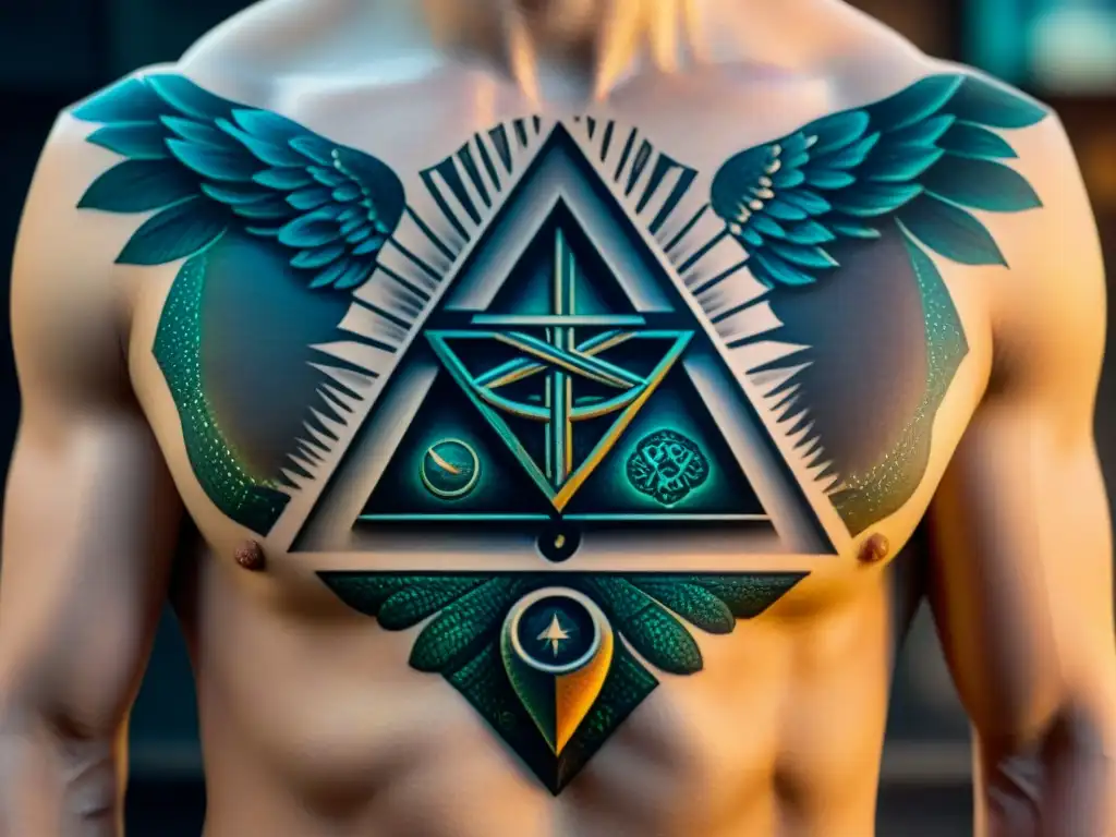 Un diseño alquímico fusionado con tatuajes modernos, simbolizando el significado detrás de la iconografía alquímica en los tatuajes contemporáneos