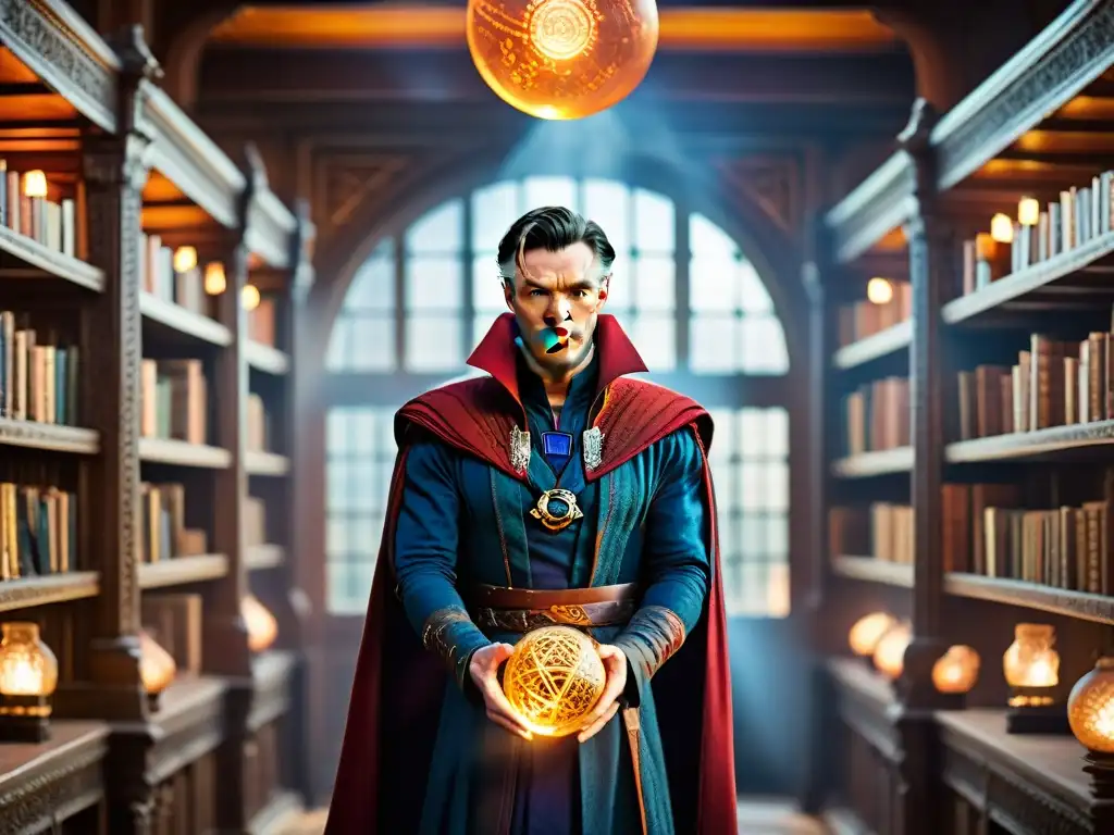 Doctor Strange, el alquimista moderno, concentrado en la biblioteca mística rodeado de libros antiguos y pociones brillantes