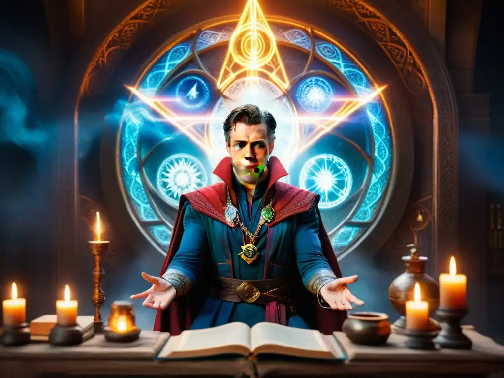 Doctor Strange inmerso en un ritual alquímico, rodeado de tomos antiguos y pociones burbujeantes