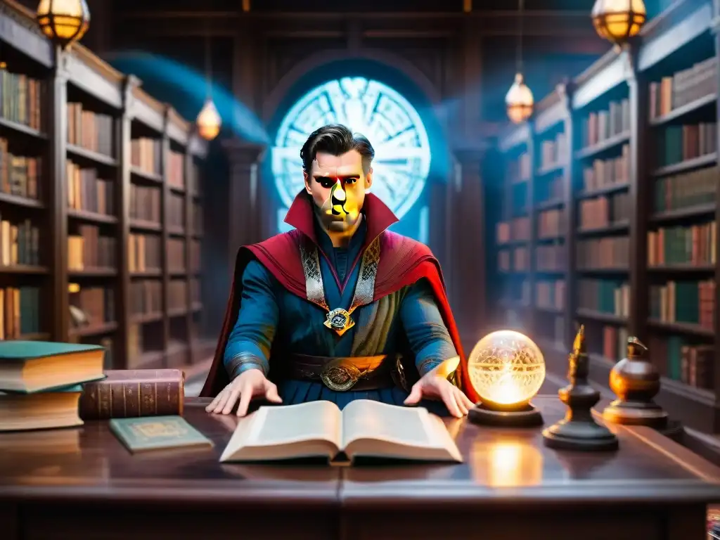 Doctor Strange alquimista moderno estudiando un antiguo tomo en una biblioteca mística llena de textos y artefactos alquímicos