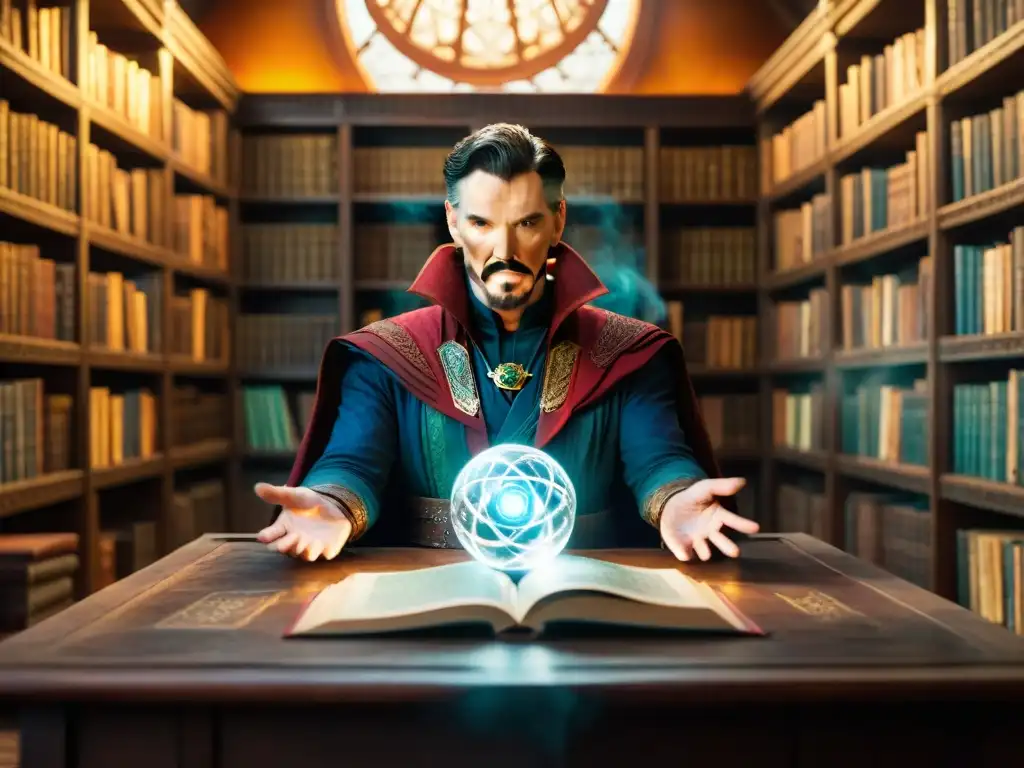 Doctor Strange, alquimista moderno, en una biblioteca mística llena de artefactos y libros alquímicos, rodeado de energías mágicas