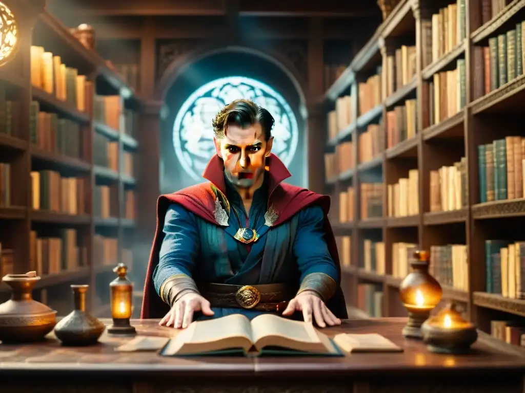 Doctor Strange, alquimista moderno, se sumerge en conocimientos antiguos en una biblioteca mística llena de energía mágica