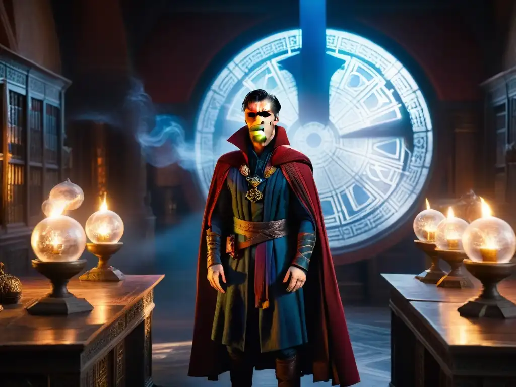 Doctor Strange alquimista moderno en su laboratorio místico, rodeado de símbolos y pociones, emana sabiduría ancestral y poder