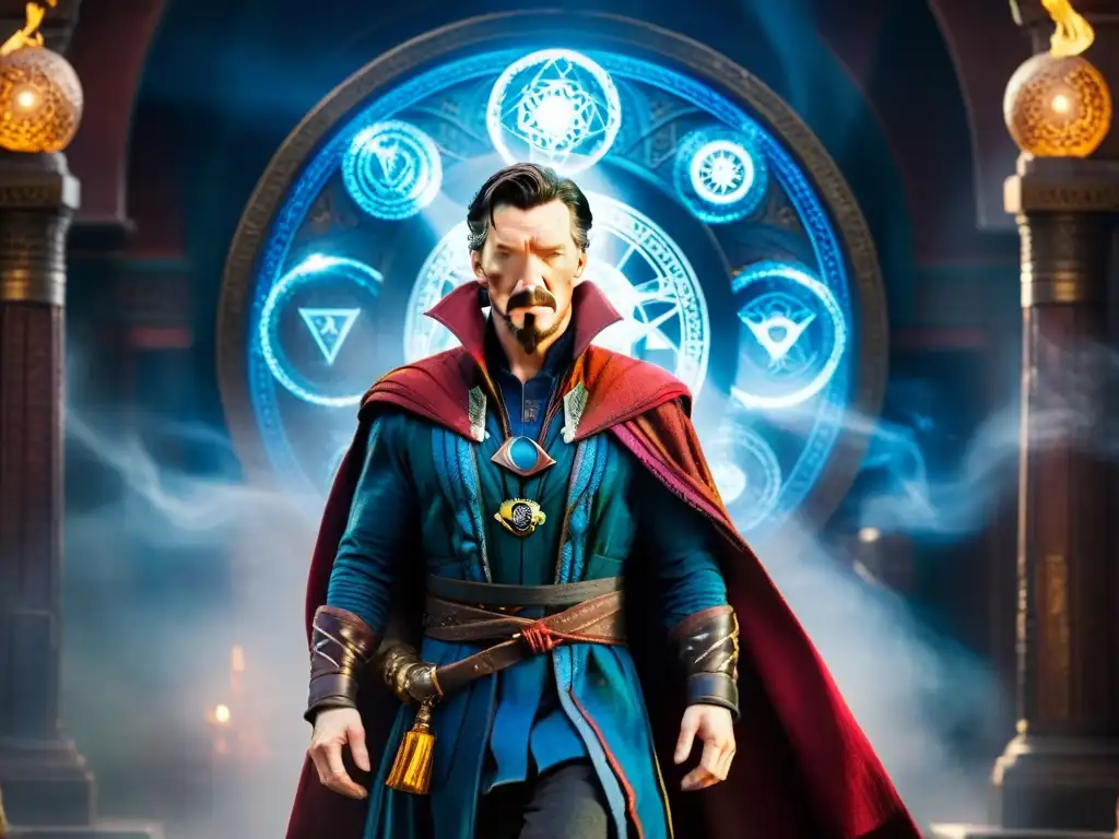 Doctor Strange, alquimista moderno, deslumbrando con su magia en un portal dimensional