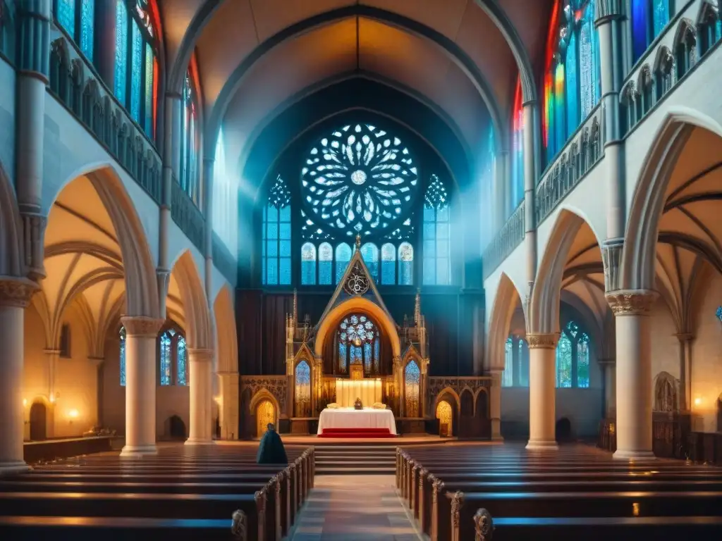 Edificaciones medievales con esencia alquímica: majestuosa catedral gótica rodeada de símbolos místicos bajo un cielo estrellado