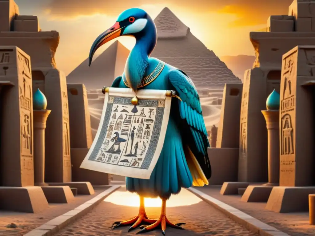 Ilustración sepia de Thoth, dios egipcio, con cabeza de ibis, símbolos alquímicos y sabiduría