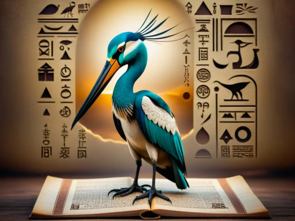 Ilustración sepia de Thoth, dios egipcio de la sabiduría, con cabeza de ibis, sostiene estilete y pergamino