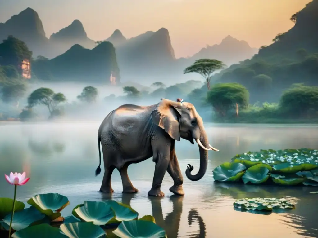 Un elefante majestuoso junto al río al atardecer, rodeado de naturaleza exuberante