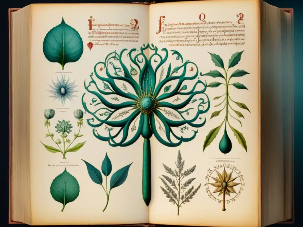 Descubre el enigma del antiguo Manuscrito Voynich con detallados dibujos botánicos, texto encriptado y símbolos alquímicos, en una composición mesmerizante