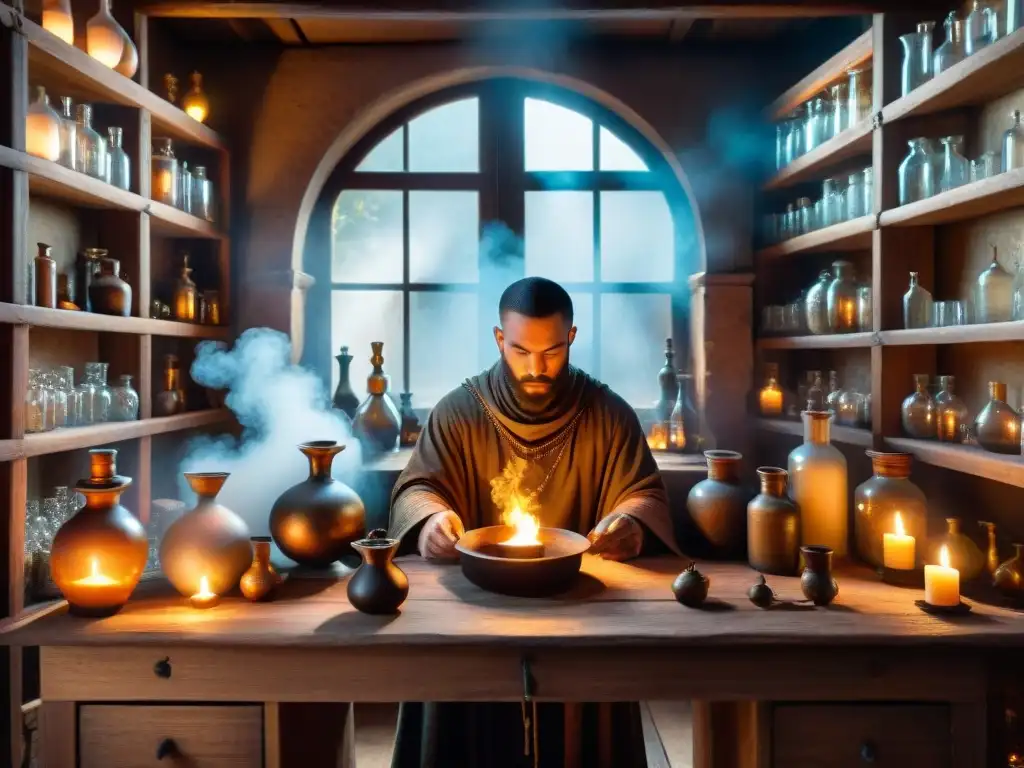 Enigmática alquimia medieval y Renacimiento en taller detallado con pociones, símbolos y velas