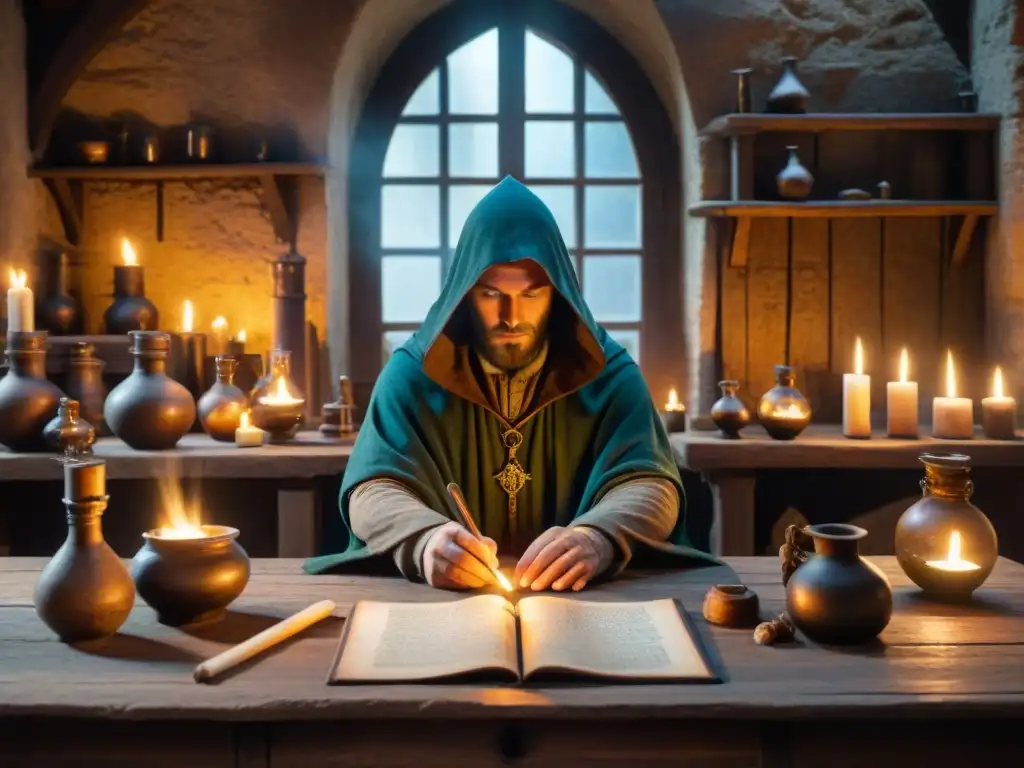 Enigmática escena de alquimia medieval en taller iluminado con velas, manuscritos y símbolos, evocando sabiduría ancestral