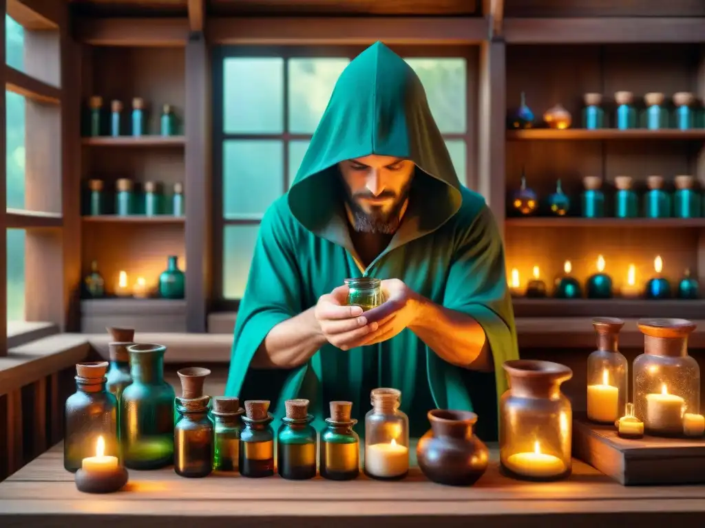 Enigmática escena alquímica medieval con vials, pociones y símbolos antiguos iluminados por velas, reflejando la perfección en la alquimia europea