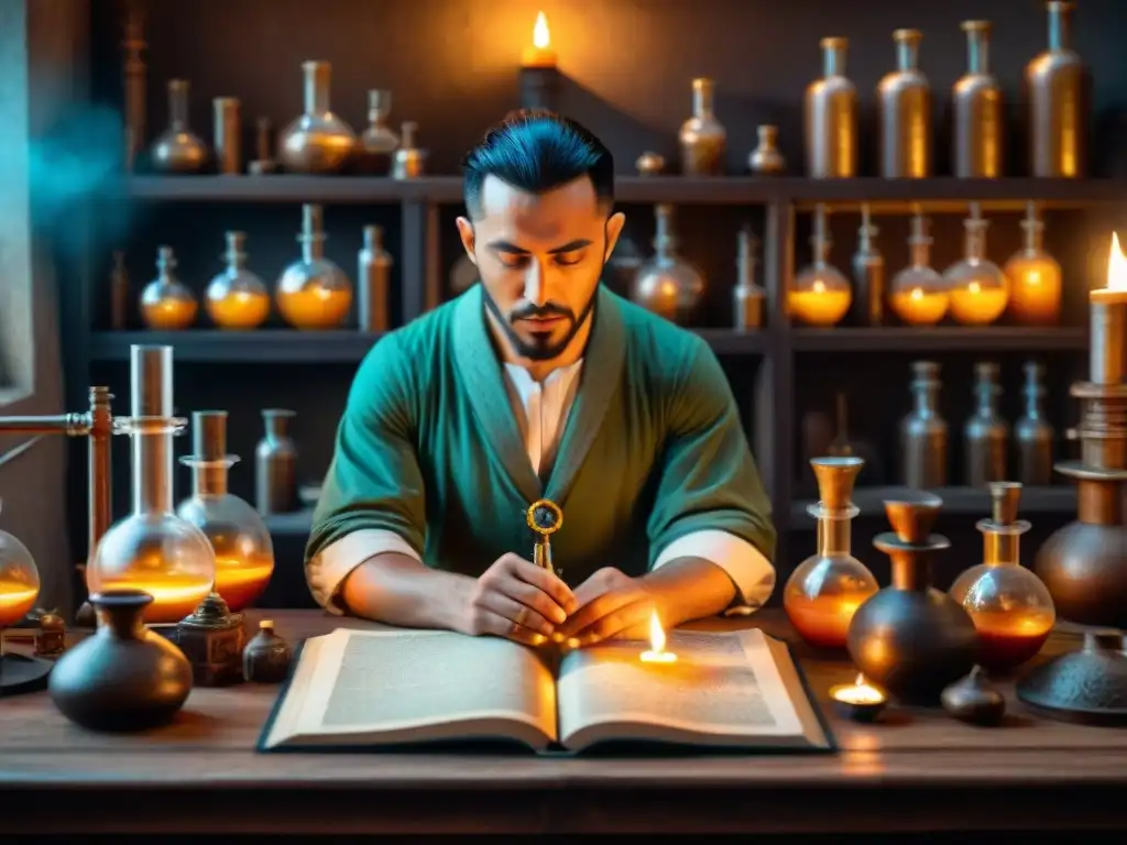Ilustración sepia: Alquimista en laboratorio antiguo Enigmático alquimista en su laboratorio, rodeado de frascos burbujeantes y símbolos misteriosos