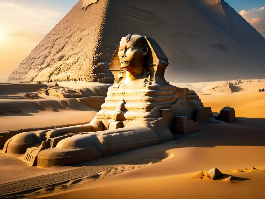 El enigmático Sphinx de Giza al atardecer, con jeroglíficos tallados en su piedra, en el origen de la alquimia en Egipto