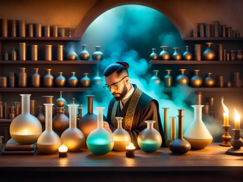 Alquimia ancestral: laboratorio mágico y misterioso Enigmático laboratorio de alquimia antigua con alquimista vertiendo líquido brillante entre frascos, rodeado de símbolos místicos y luz de velas