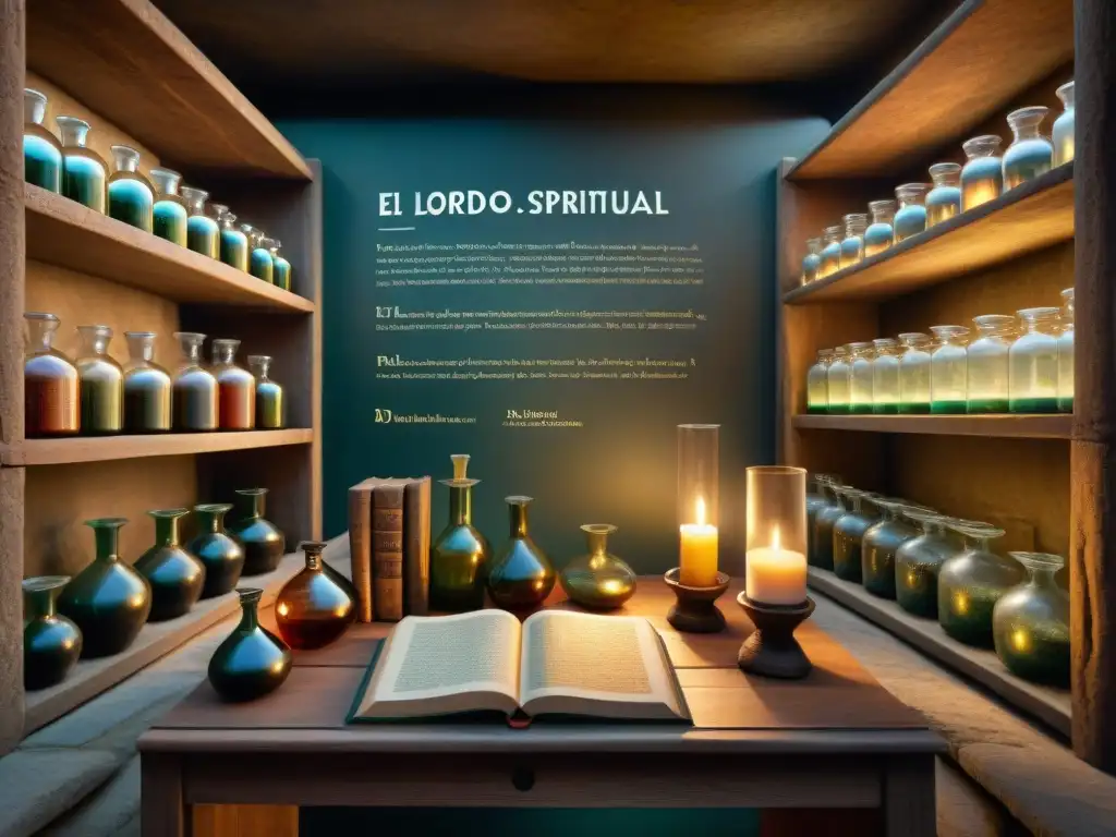 Enigmático laboratorio alquímico antiguo iluminado por velas, con símbolos misteriosos y libros antiguos