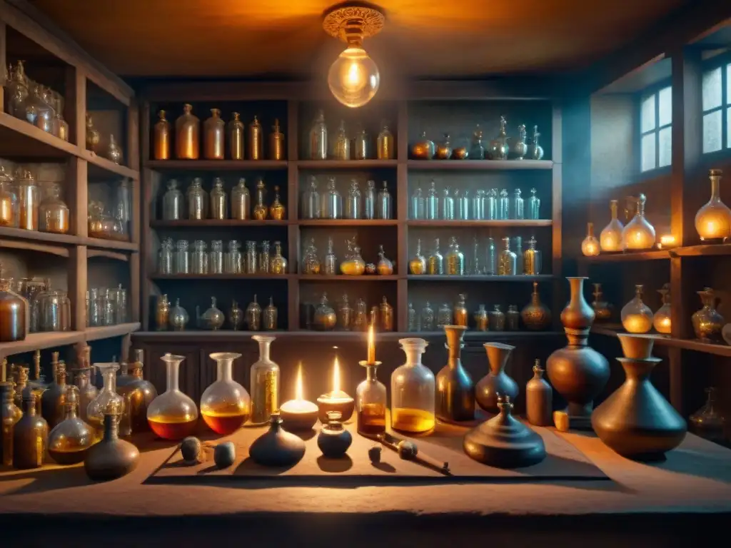 Enigmático laboratorio alquímico antiguo con cristalería y misteriosos ingredientes, iluminado por velas, evocando la historia de la alquimia profunda