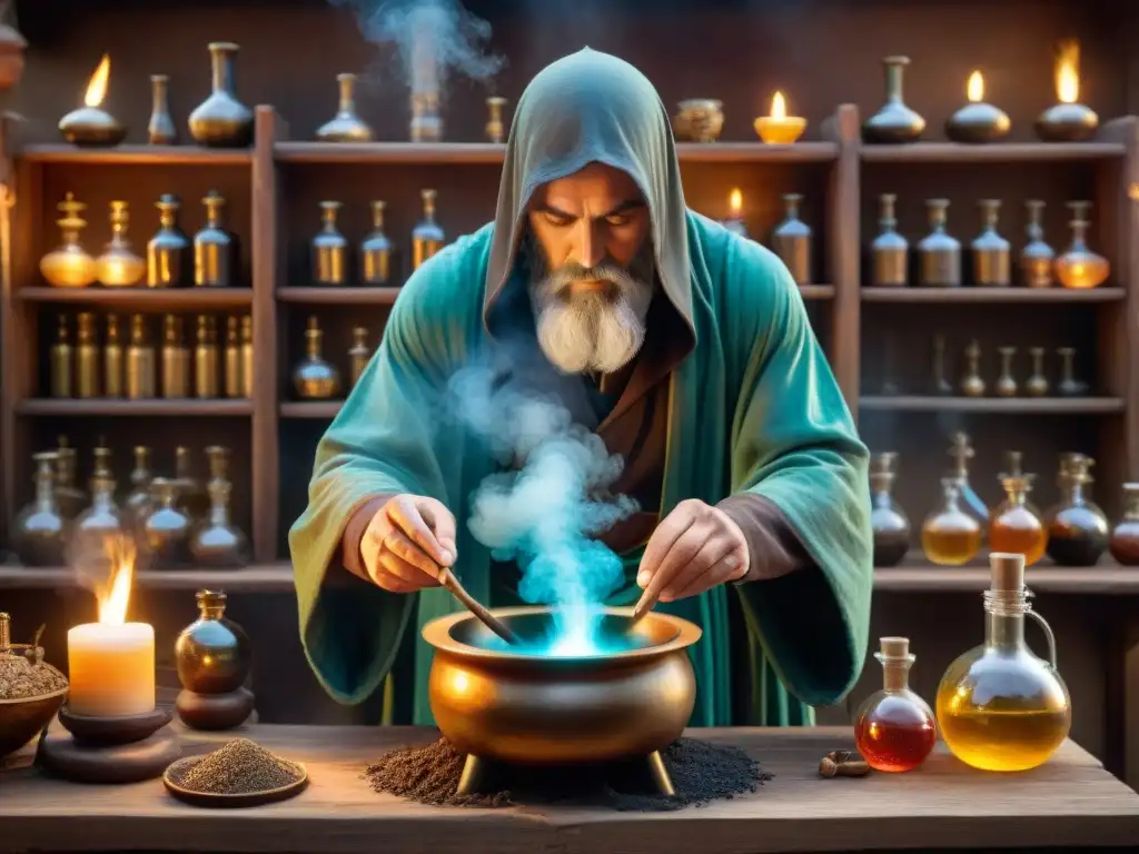 Enigmático laboratorio alquímico con esencias ancestrales y misteriosos ingredientes