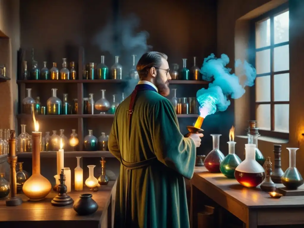 Misterioso laboratorio alquímico con figuras en sombras Enigmático laboratorio alquímico con figuras y cristalería antigua iluminados por velas, evocando la Historia de la alquimia moderna