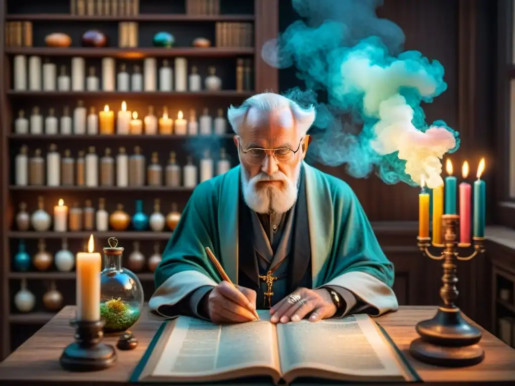 Escena alquímica: laboratorio misterioso con figuras enigmáticas Enigmático laboratorio alquímico con figuras misteriosas, velas y textos antiguos, fusionando Jung y alquimia en el siglo XXI