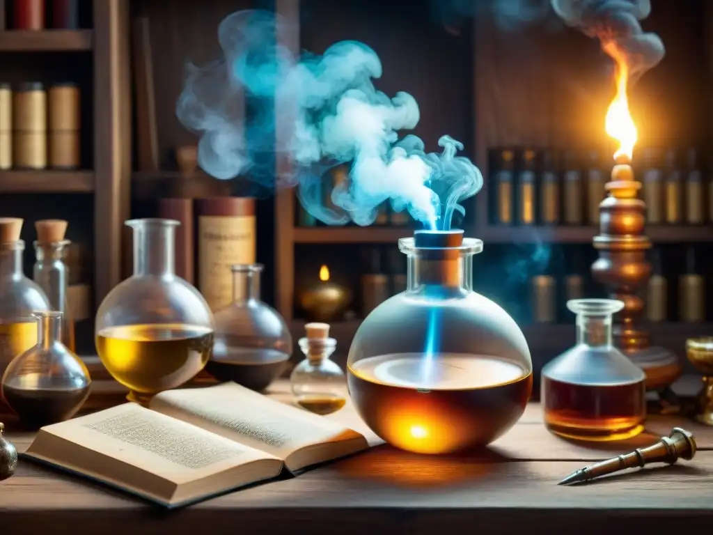 Enigmático laboratorio alquímico con lámpara de alcohol iluminando misteriosos ingredientes y antiguos libros