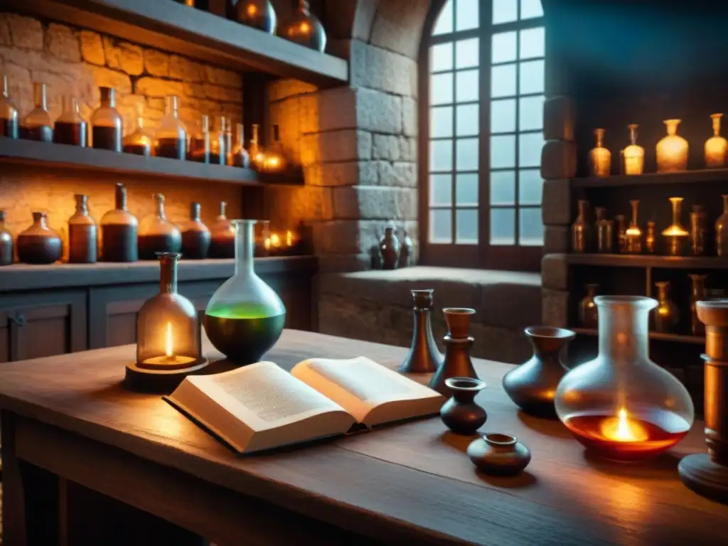 Enigmático laboratorio alquímico medieval: cristalería, pócimas burbujeantes, libros antiguos y sombras danzantes en sepia