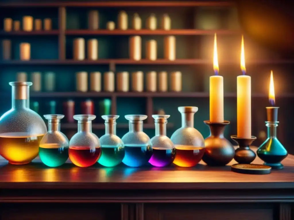 Enigmático laboratorio alquímico con velas, líquidos coloridos y antiguos pergaminos