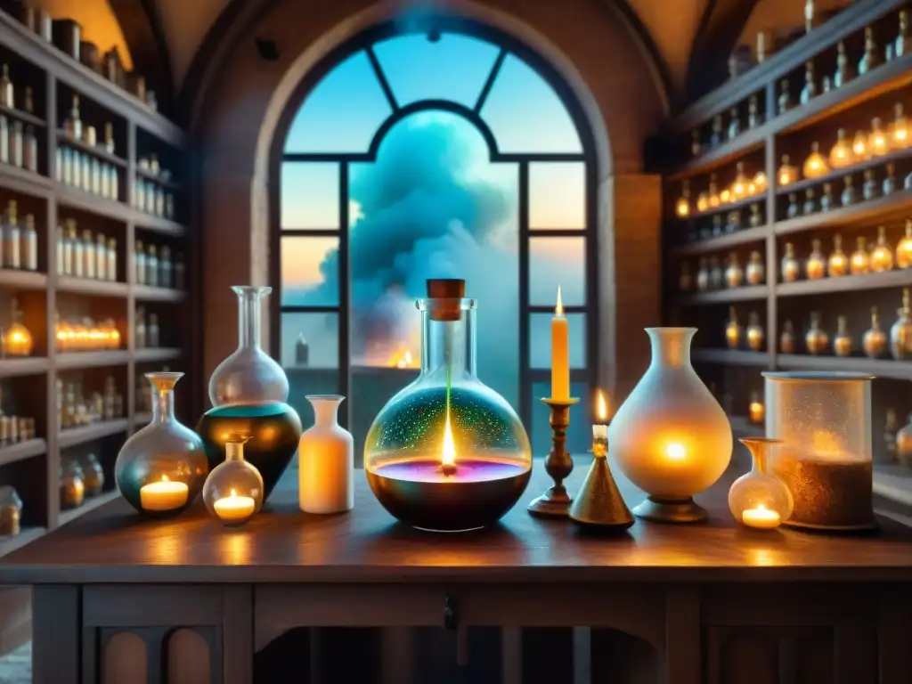 Enigmático laboratorio alquímico con velas, libros antiguos y símbolos