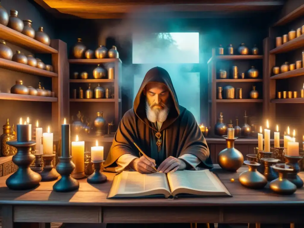 Alquimia misteriosa en laboratorio encantador Enigmático laboratorio de alquimista con figuras misteriosas y principios herméticos alquimia historia
