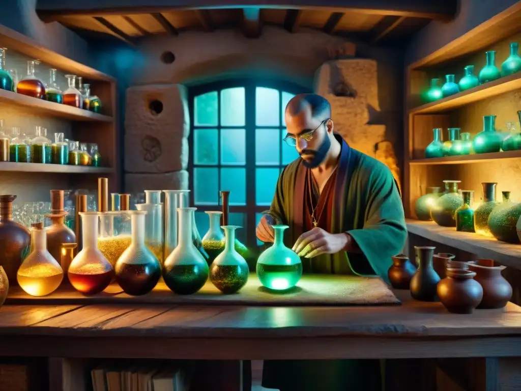 Enigmático laboratorio de alquimista con vidriería, ingredientes y libros antiguos