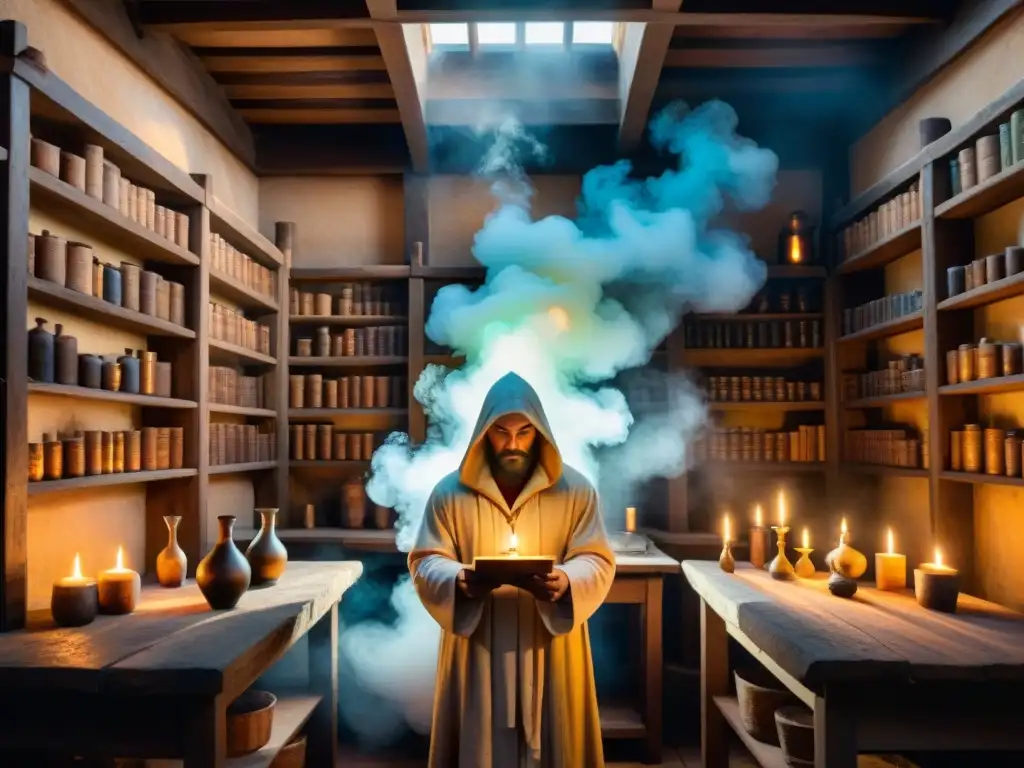 Enigmático taller alquimista medieval con libros polvorientos, frascos burbujeantes y humo misterioso