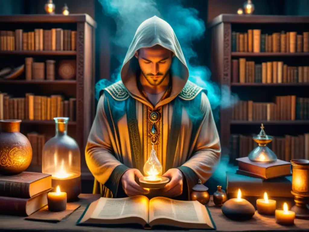 Alquimia mística: taller del alquimista con libros antiguos y pociones burbujeantes Enigmático taller de alquimia con libros antiguos, pociones burbujeantes y símbolos alquímicos, iluminado por velas
