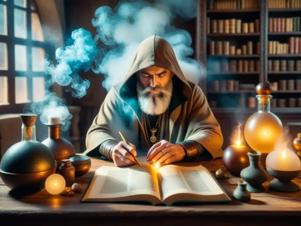 Alquimia mística: taller del alquimista con libros antiguos y pociones Enigmático taller alquímico con libros antiguos, pociones y símbolos, figura encapuchada y energía mística