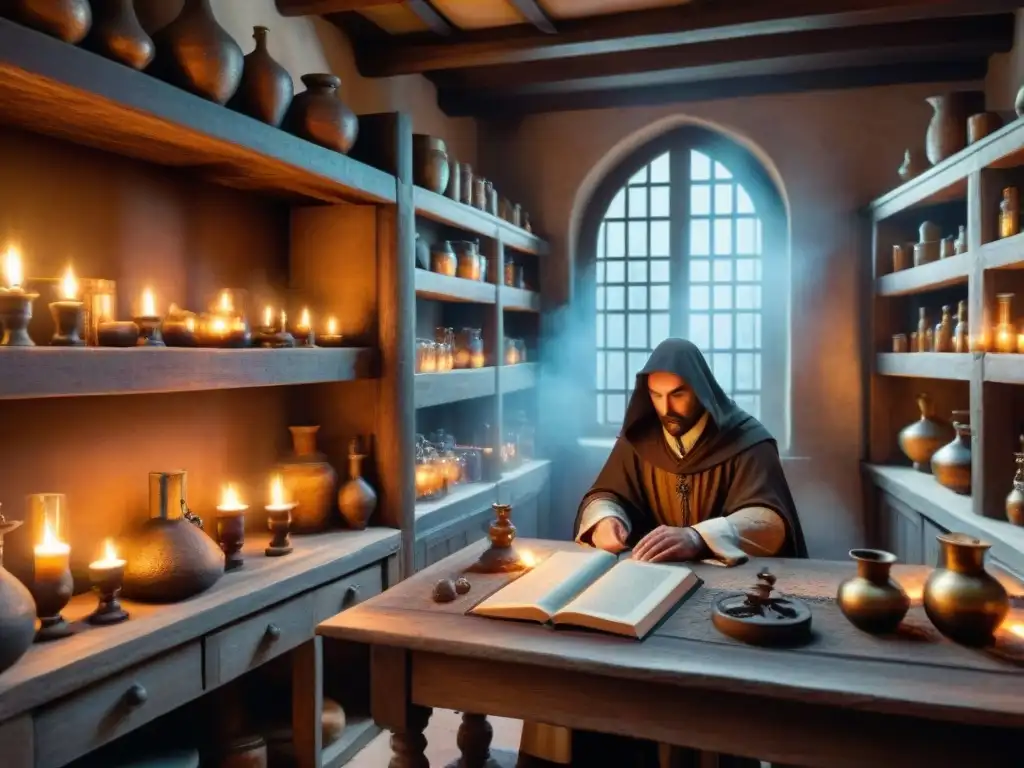 Enigmático taller de alquimista medieval con libros antiguos, velas y figura misteriosa