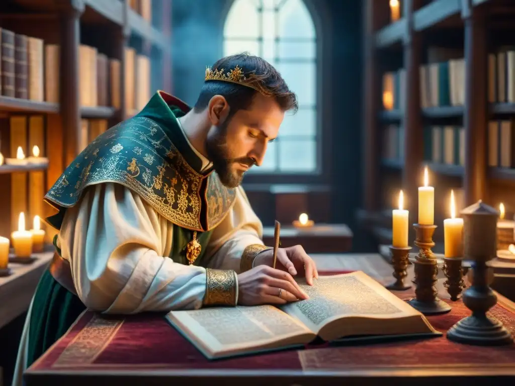 Un erudito medieval concentrado en la interpretación del Corpus Hermeticum entre antiguos manuscritos, luz de velas y libros polvorientos