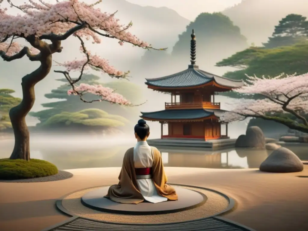 Escena de jardín zen con pagoda, meditación y alquimia en Budismo y Taoísmo