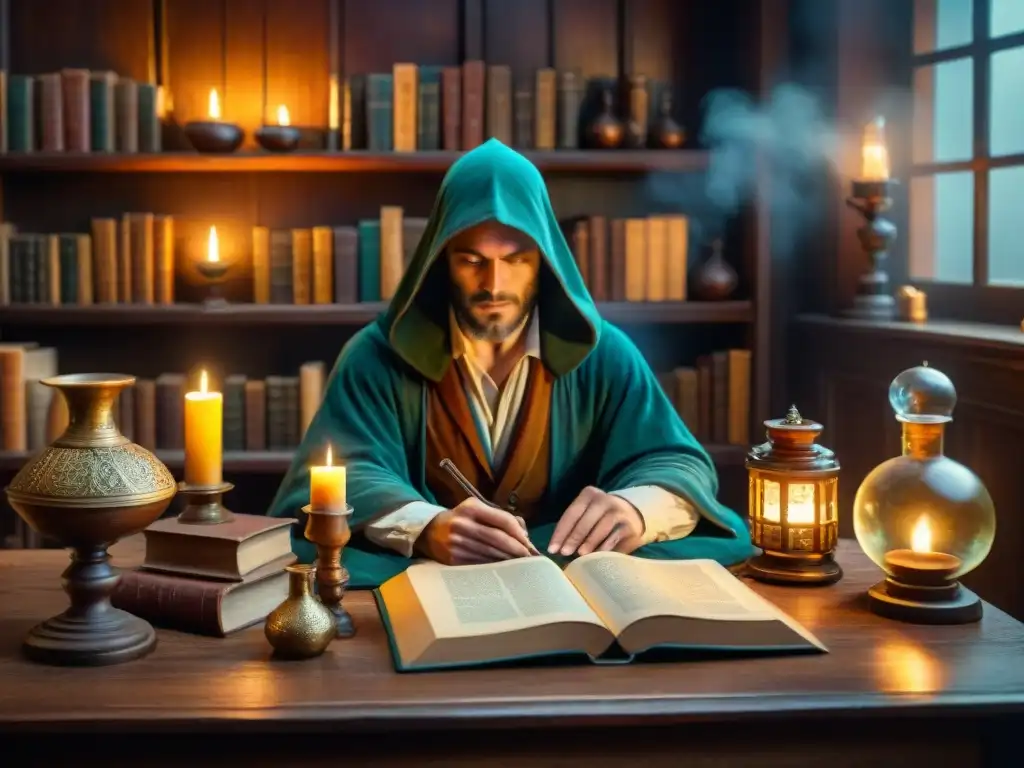 Escena de alquimia en estudio antiguo con libros, velas y figura misteriosa, evocando la literatura europea de Dante y Shakespeare