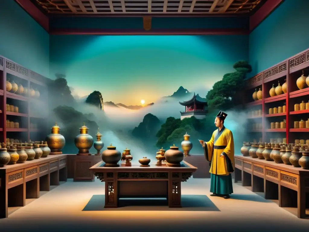 Una escena de alquimia en la historia china: el Emperador observa atentamente a los alquimistas en el Palacio Imperial