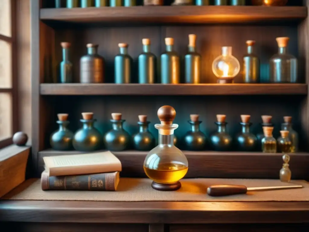 Escena alquímica antigua, con botellas, libros y una lámpara de aceite en tono sepia