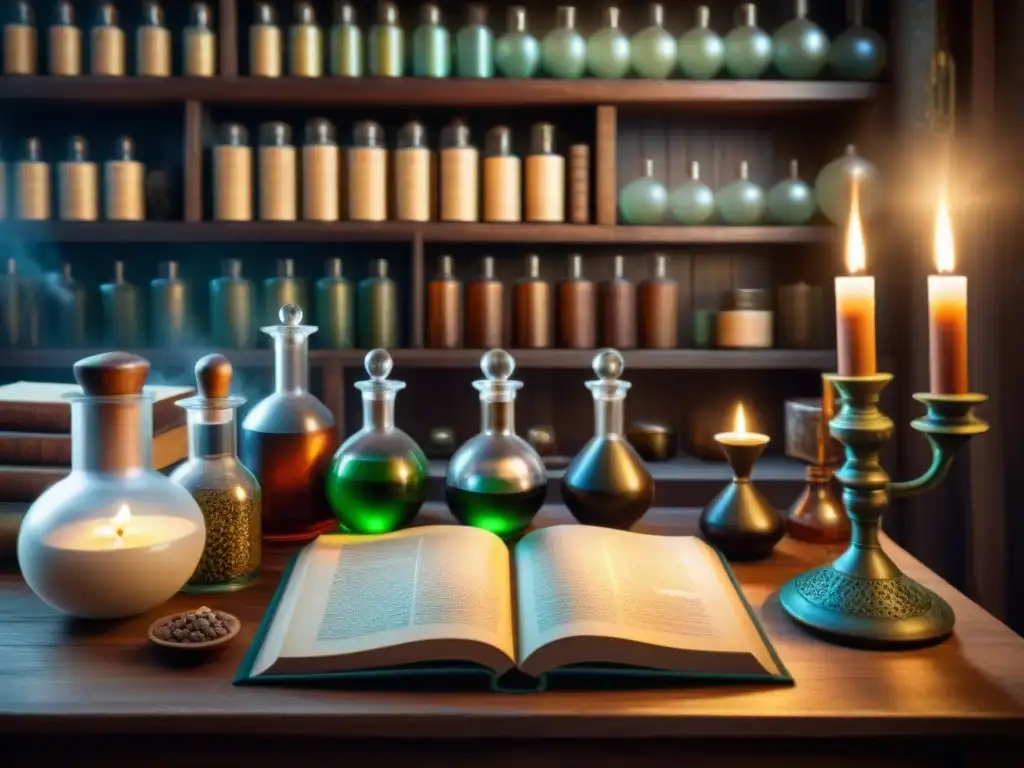 Escena alquímica antigua: laboratorio con cristalería, libros y pociones, iluminado por velas